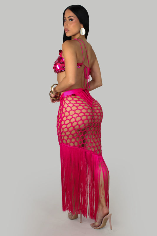 Fuchsia Crochet Fringe Swimwear Dress & Underwear Set