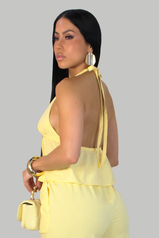 Soleil Halter Neck Open Back Top- Yellow