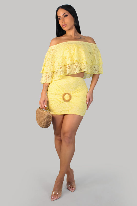 Playful Mirage Lace Skirt Set- Yellow