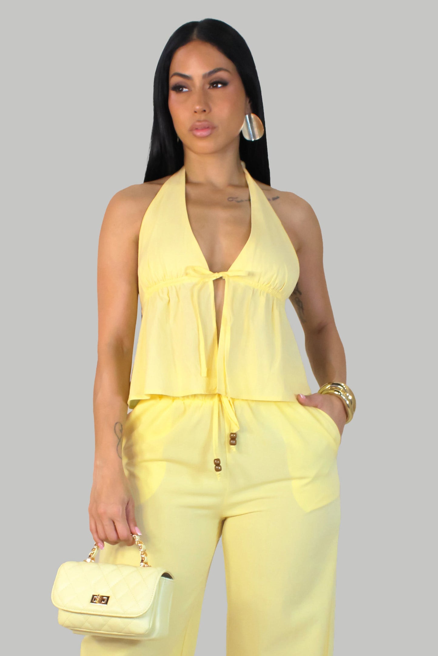 Soleil Halter Neck Open Back Top- Yellow