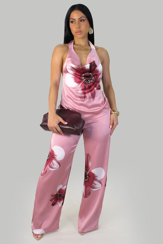 Island Petal Satin Pants Set- Pink/Rose