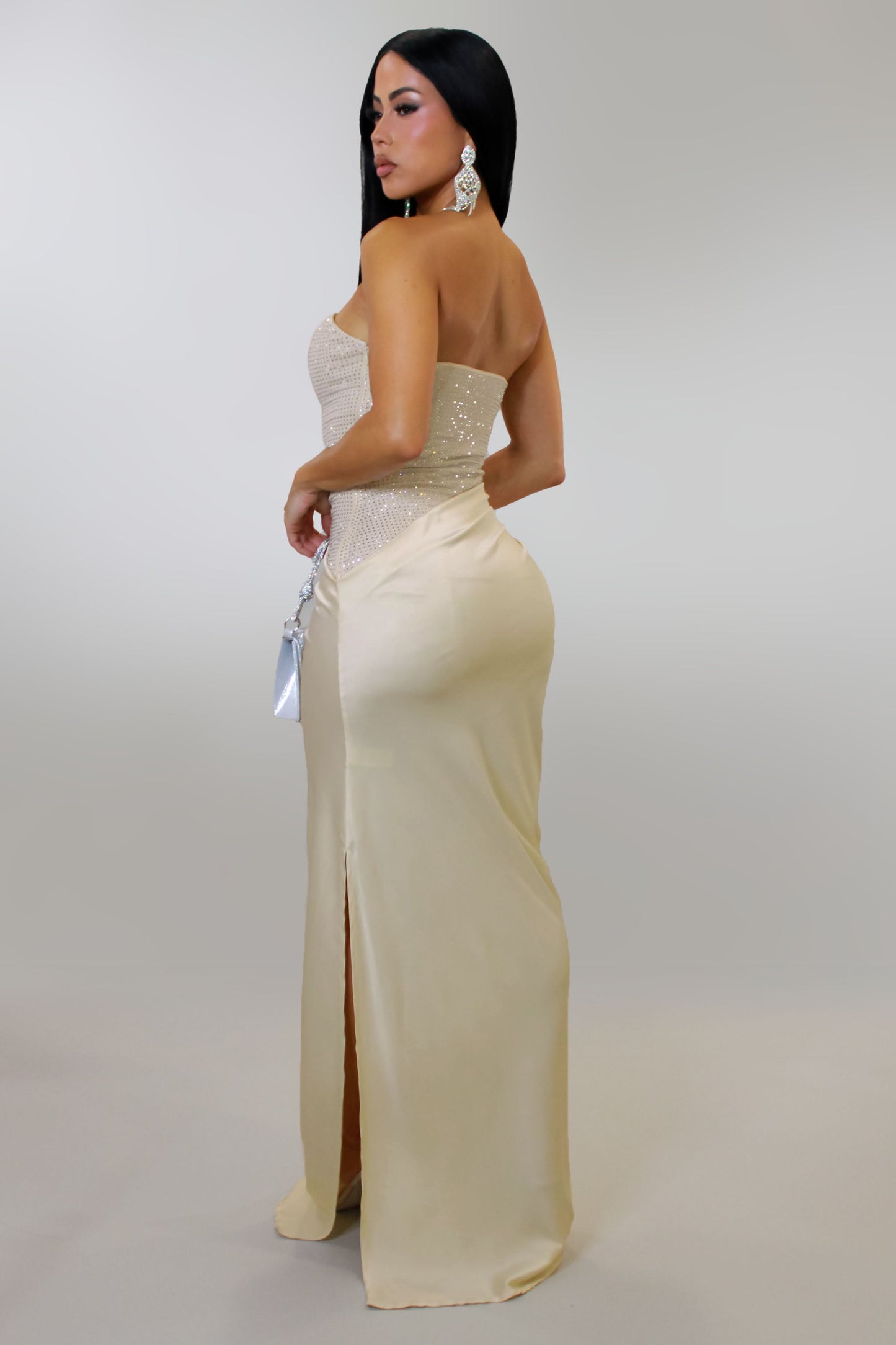 Pass the Champagne Rhinestone Maxi Dress- Cream