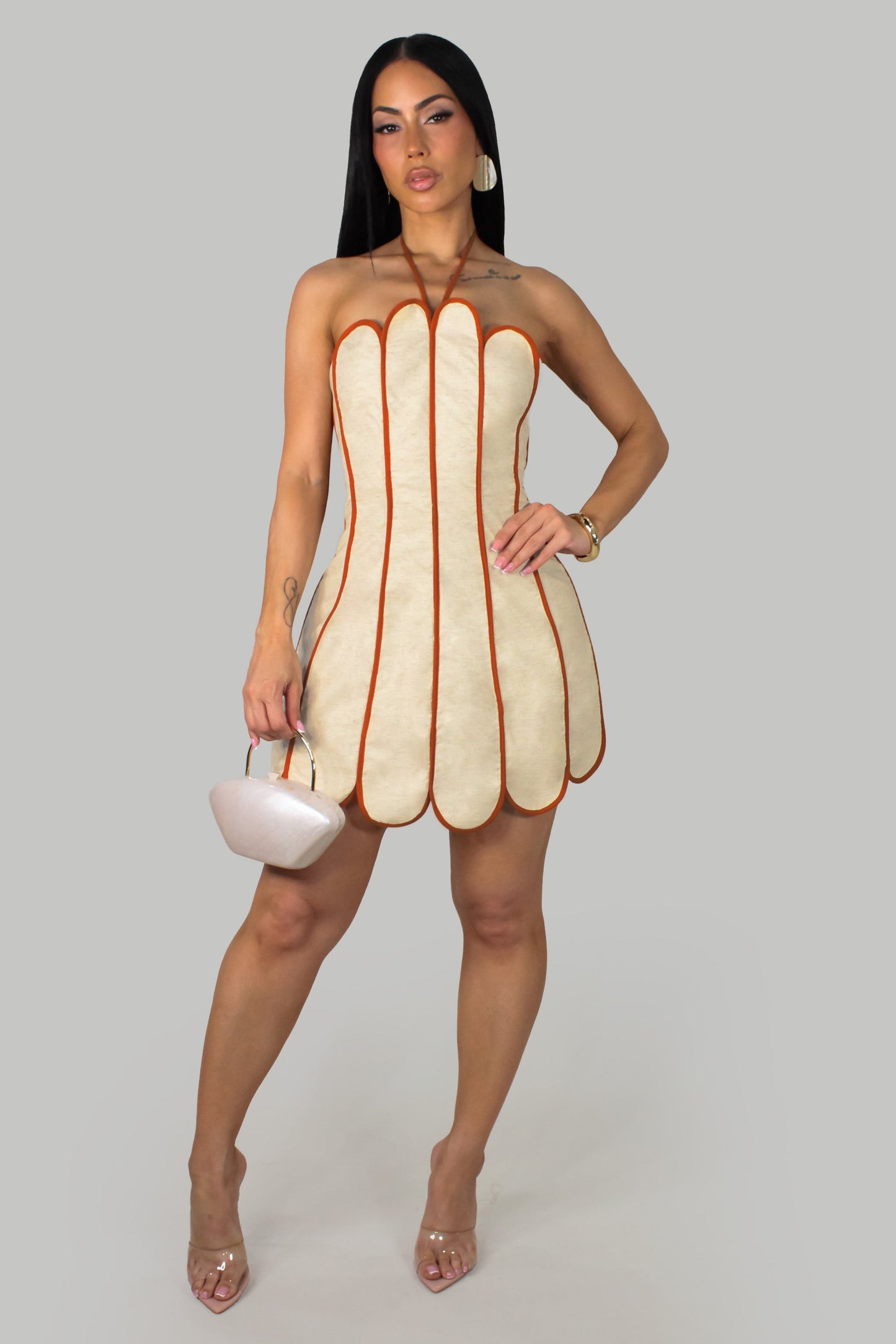 Scalloped Halter Neck Mini Dress- Beige