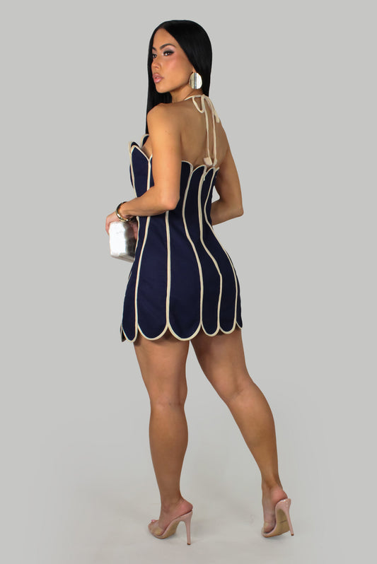 Scalloped Halter Neck Mini Dress- Navy