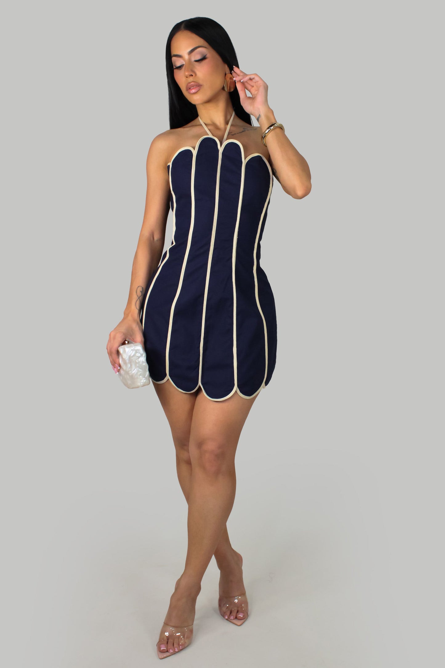 Scalloped Halter Neck Mini Dress- Navy