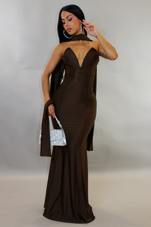 Gala Ready Maxi Dress w/ Scarf- Brown M Gala Ready Maxi Dress w/ Scarf- Brown M