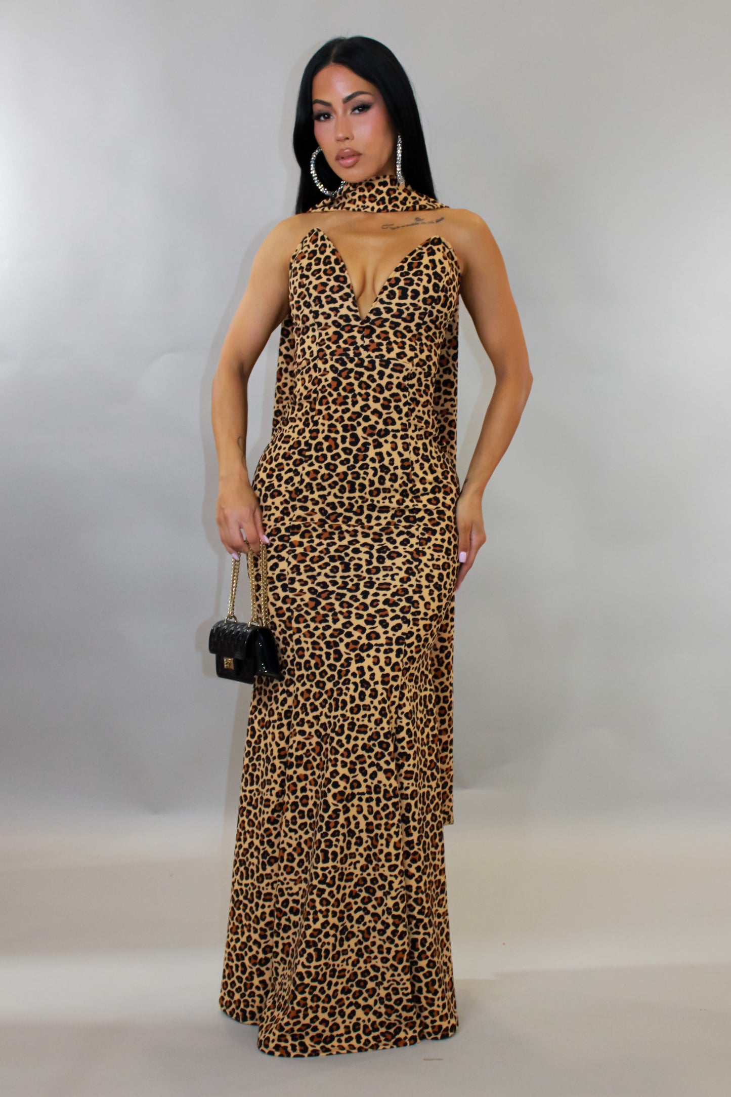 Gala Ready Maxi Dress w/ Scarf- Animal Print
