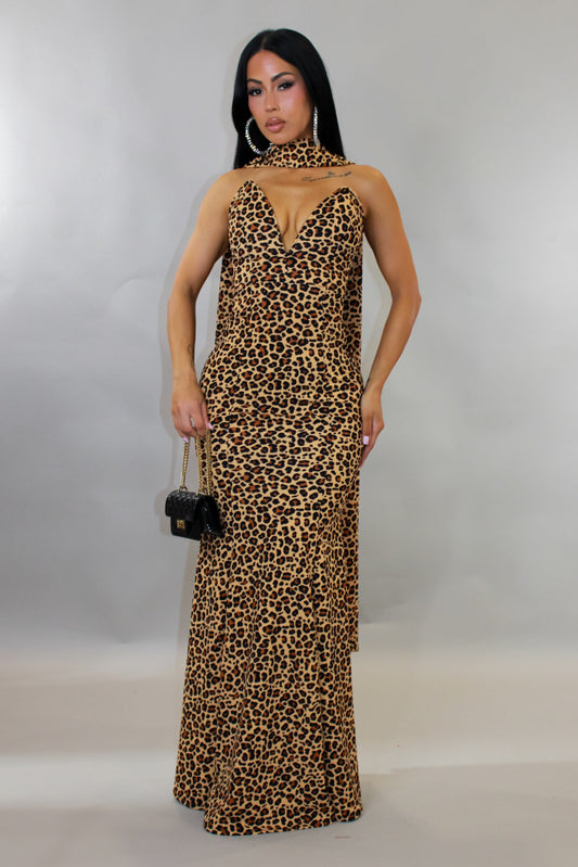 Gala Ready Maxi Dress w/ Scarf- Animal Print