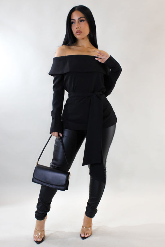 Off Shoulder Tied Blouse- Black
