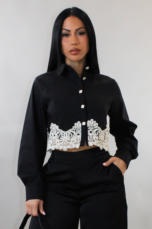 White Crochet Knit on Black Blouse