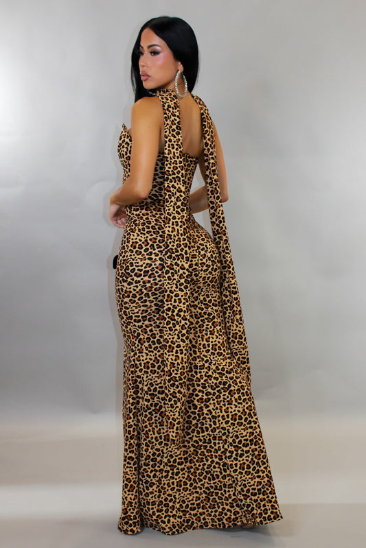 Gala Ready Maxi Dress w/ Scarf- Animal Print