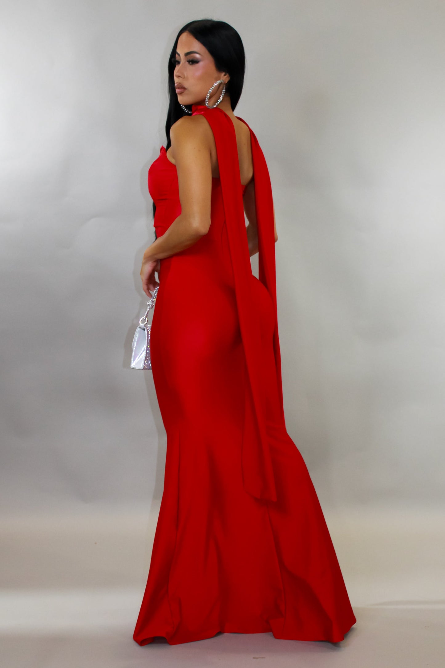 Gala Ready Maxi Dress w/ Scarf- Red