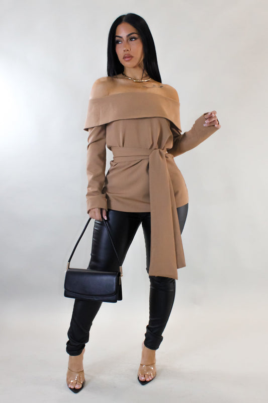 Off Shoulder Tied Blouse- Brown