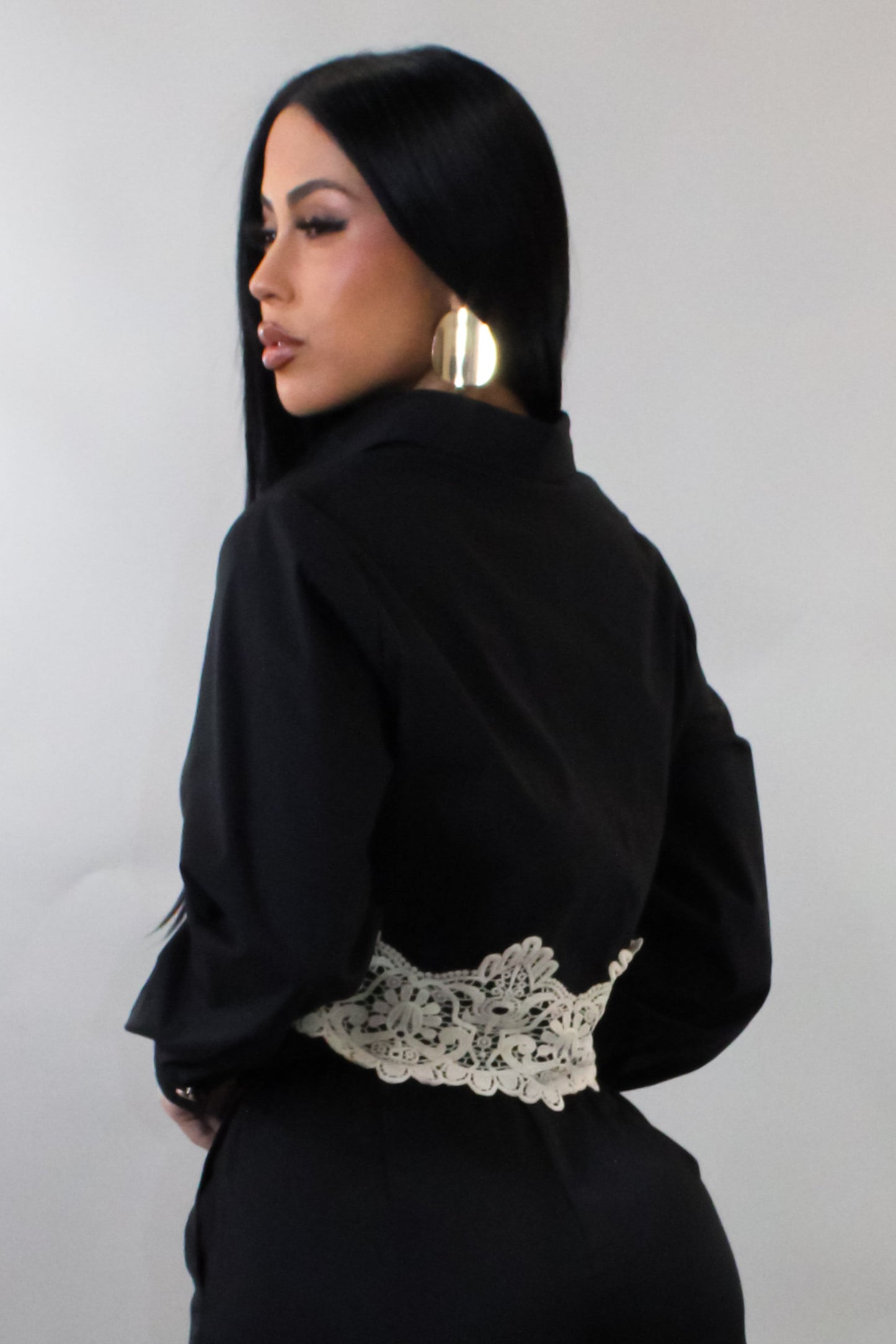 White Crochet Knit on Black Blouse