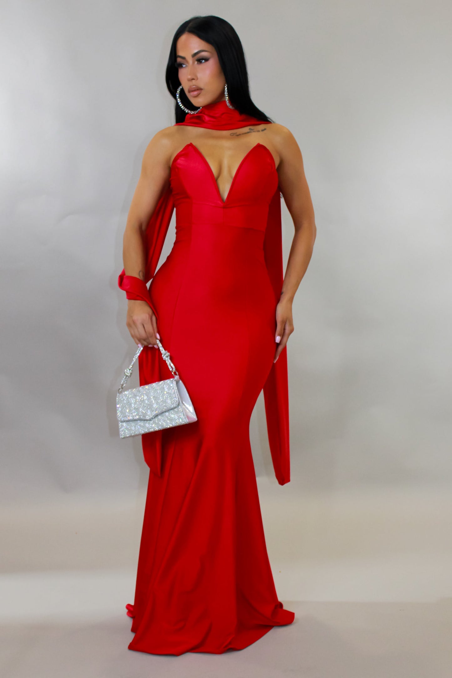 Gala Ready Maxi Dress w/ Scarf- Red