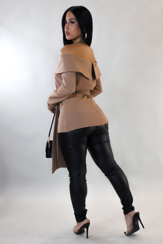 Off Shoulder Tied Blouse- Brown