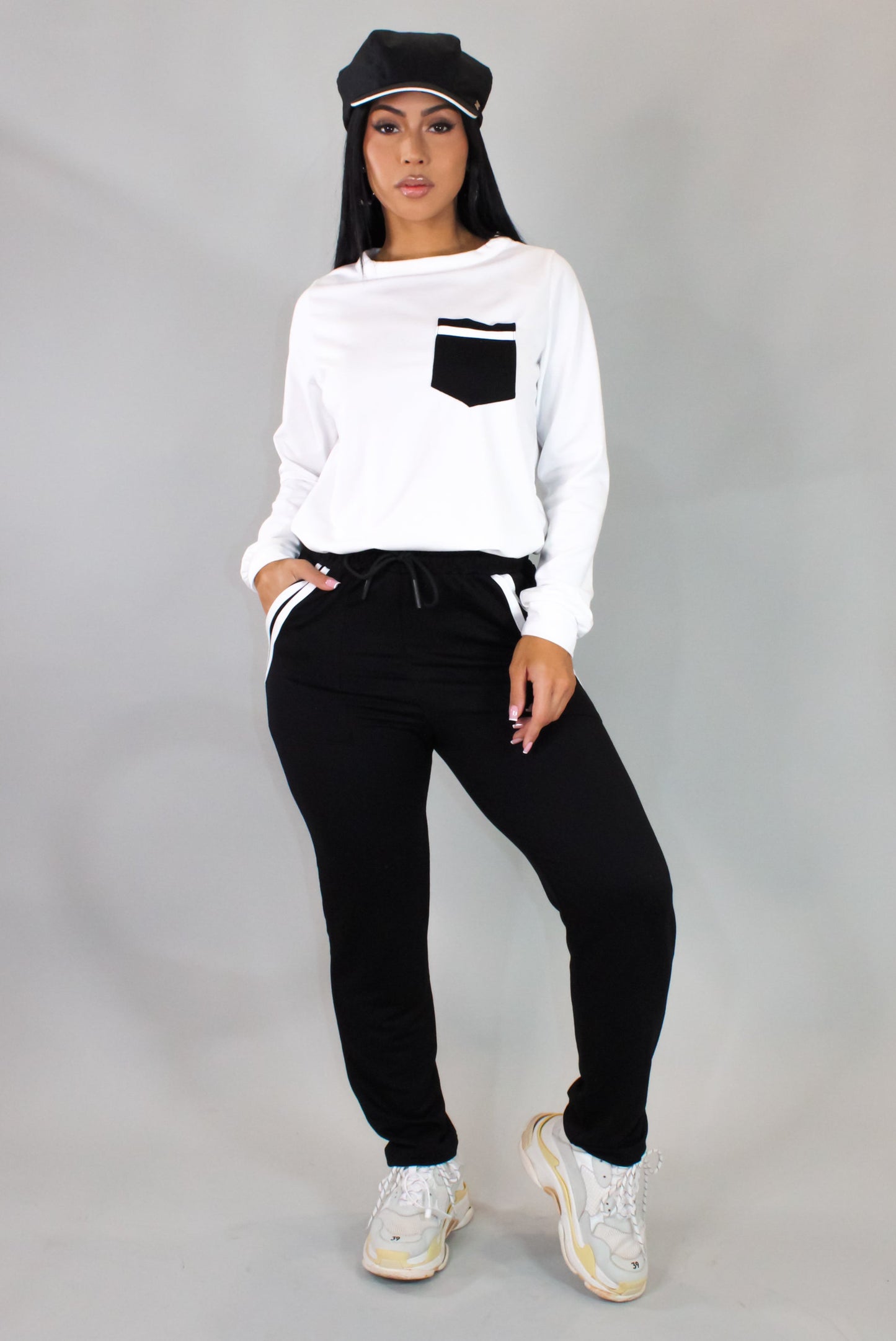 Blocked Off Pants Set- Black/White