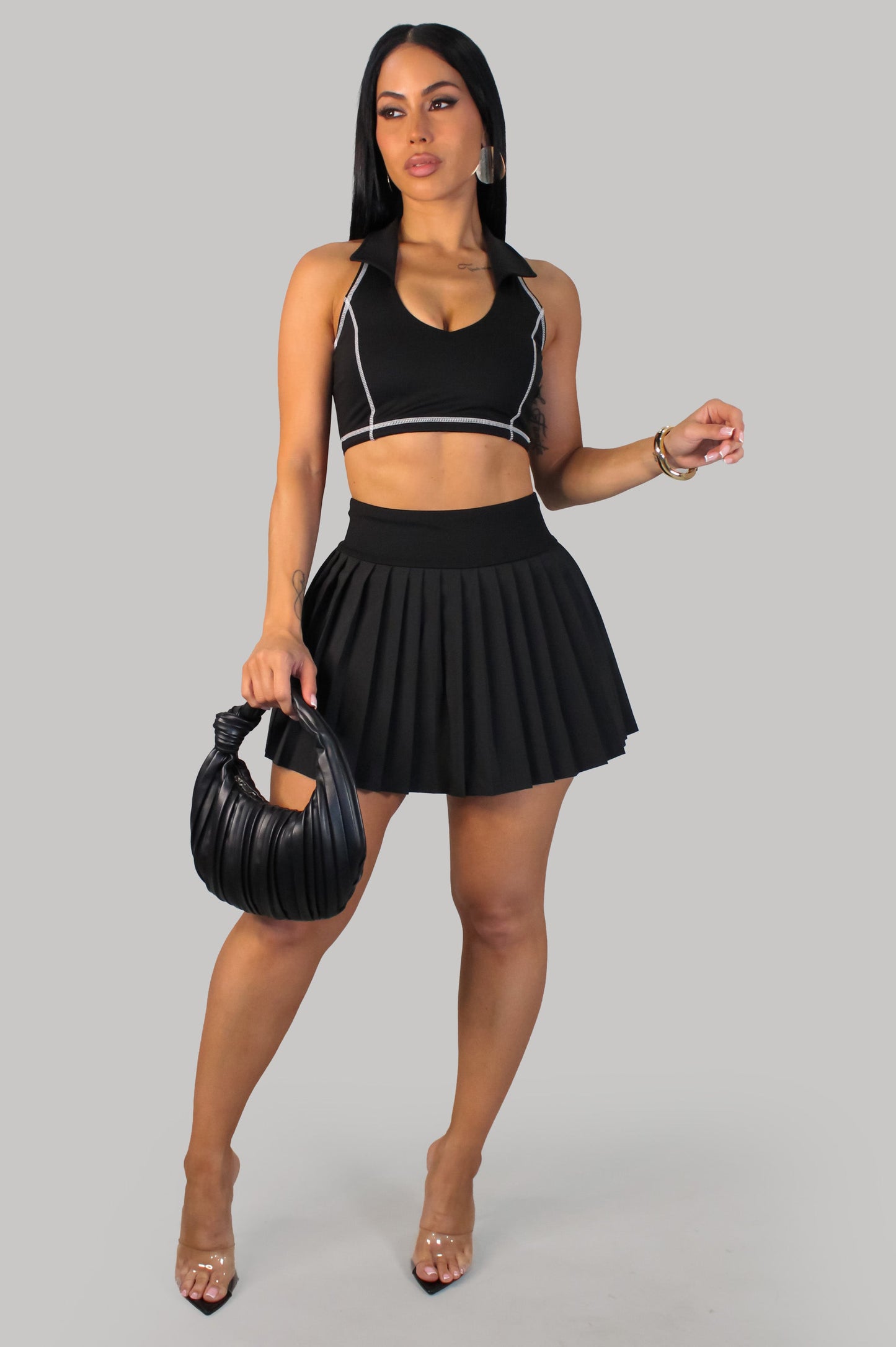 Blazing Pleated Skirt Set w/ Under Shorts- Black