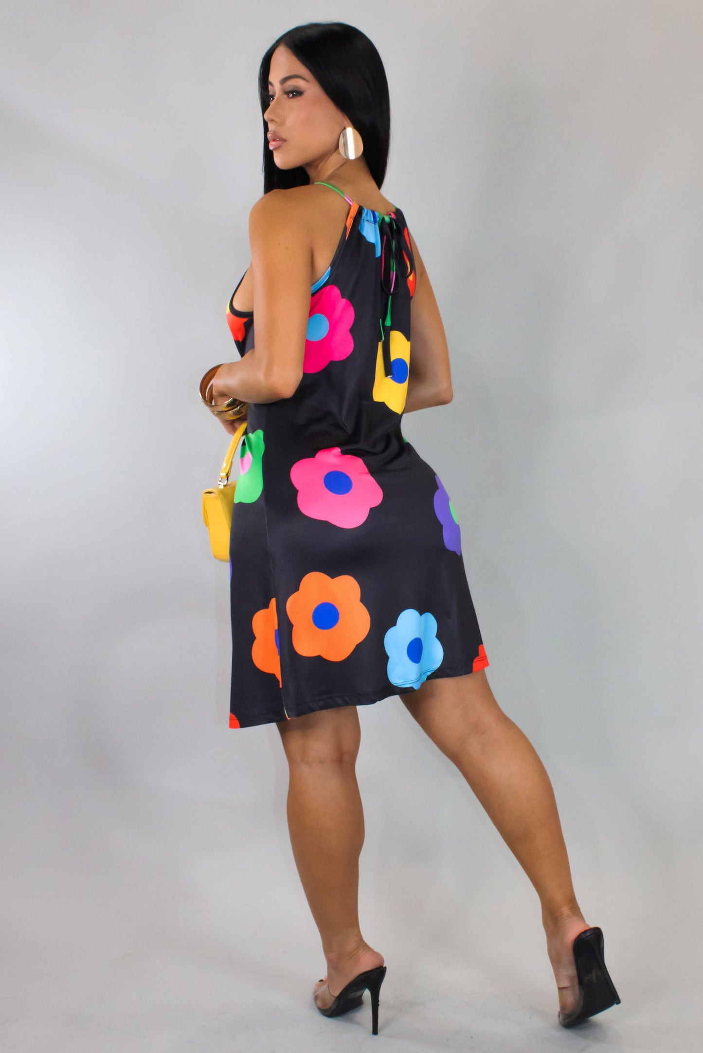 Vibrant Color Flower Pop on Black Mini Dress