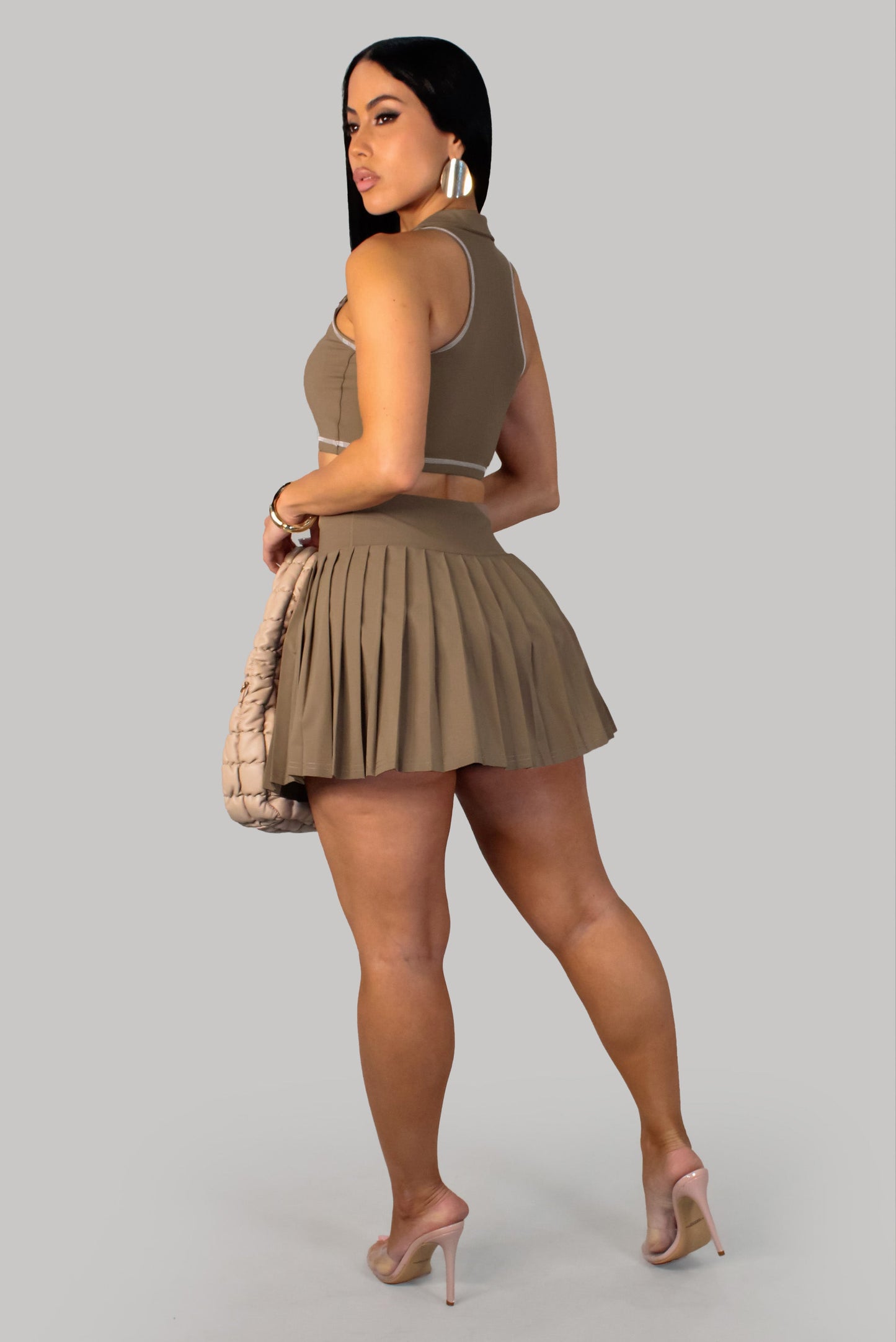 Blazing Pleated Skirt Set w/ Under Shorts- Mocha
