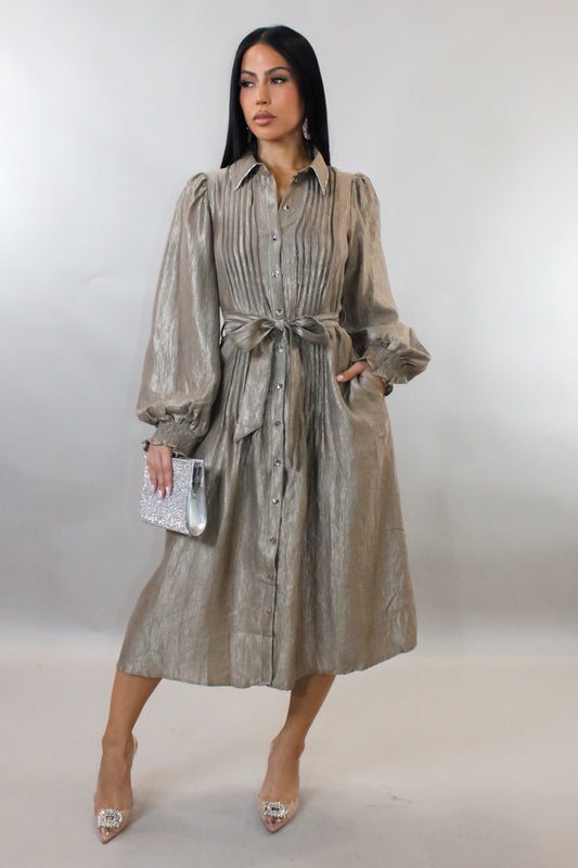 Speechless Metallic Look Midi Dress- Champagne