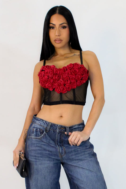 3D Heart Rose & Mesh Cropped Top- Black/Red