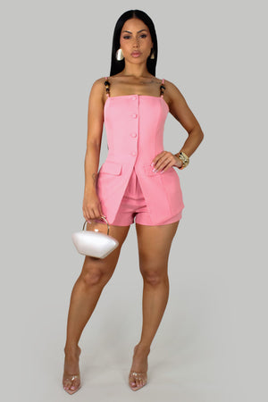 Pebble Stone Shoulder Strapped Vest Romper- Coral