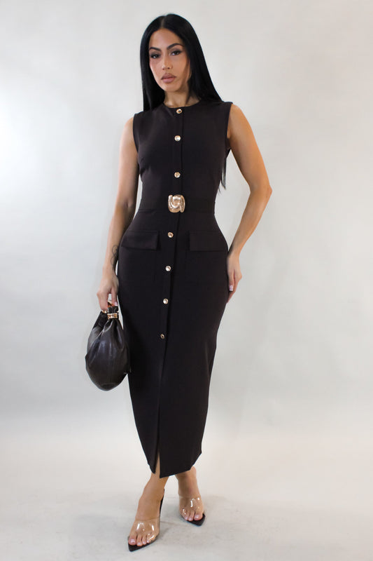 Looking Good Buttoned Midi Dress- Brown