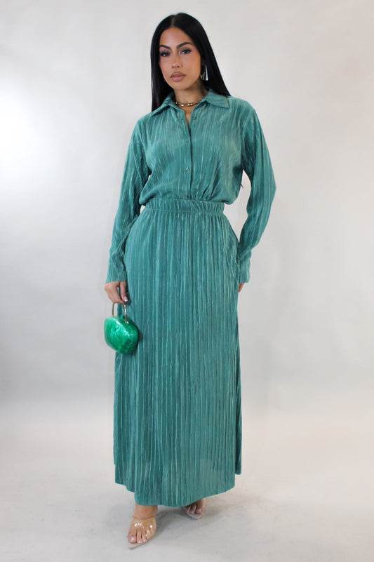 Give You a House Tour Pleated Skirt & Blouse  Set- Teal