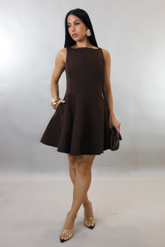 Sleek Mini Flare Dress- Brown