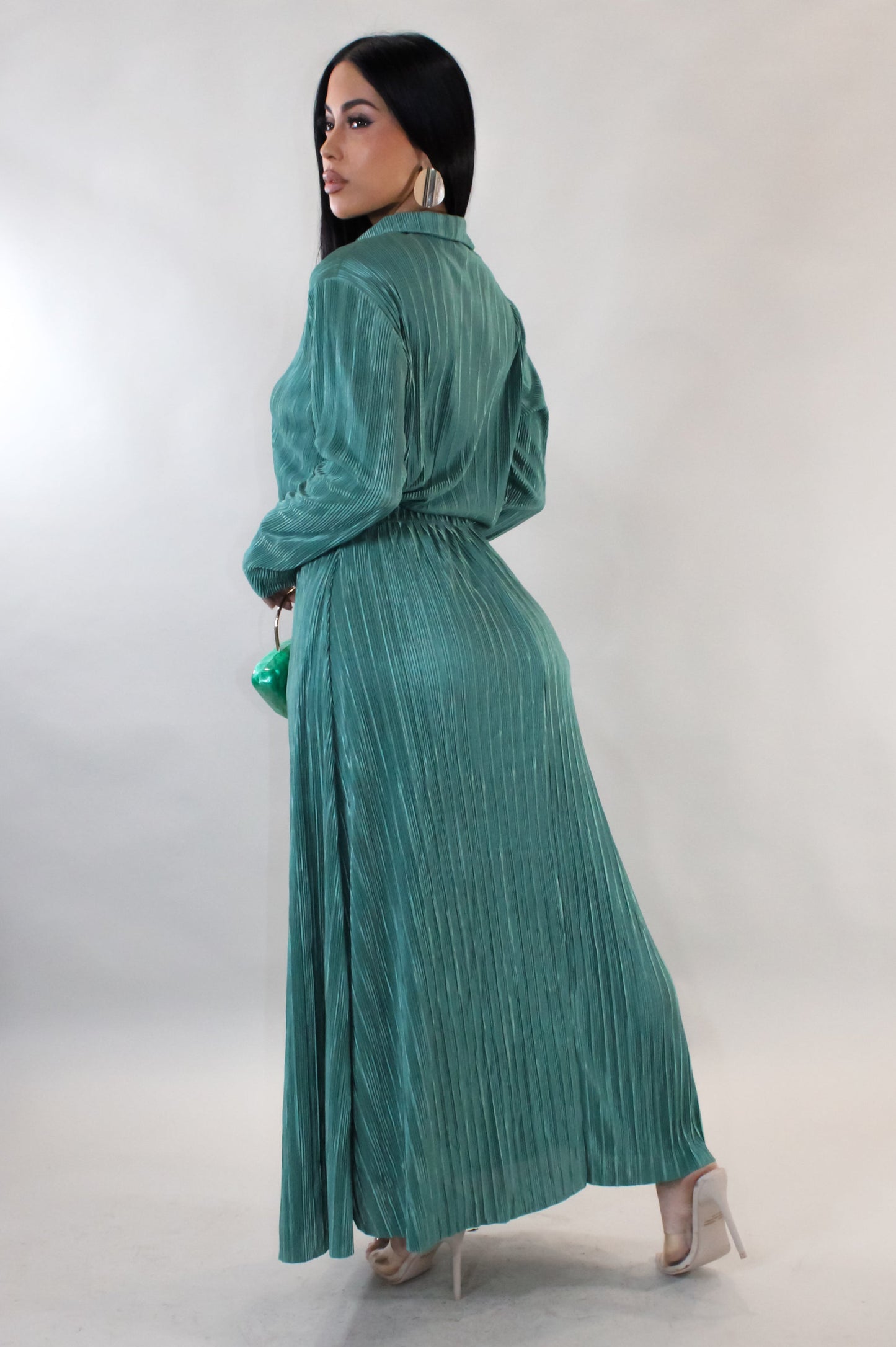 Give You a House Tour Pleated Skirt & Blouse  Set- Teal