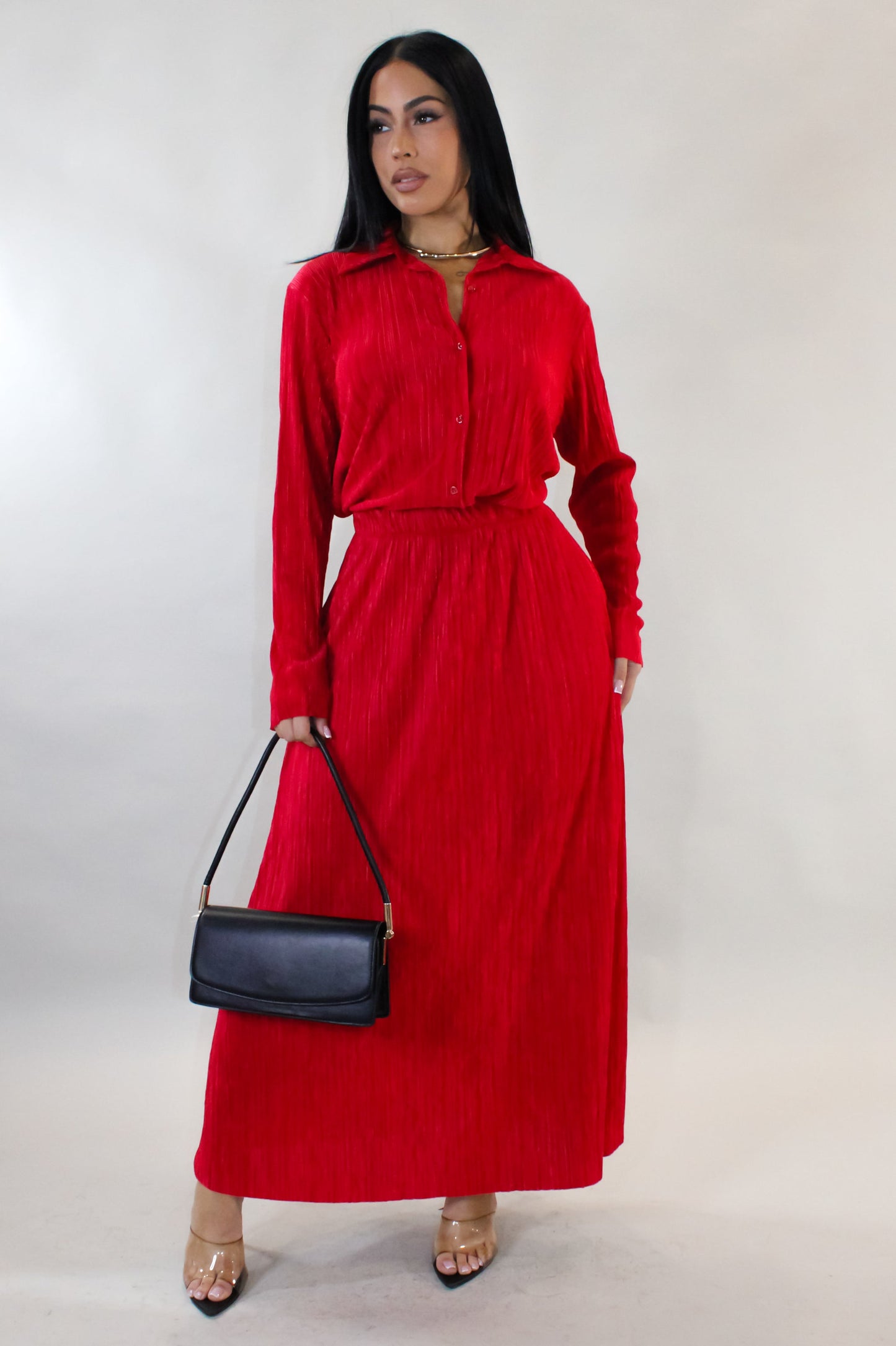 Give You a House Tour Pleated Skirt & Blouse  Set- Red