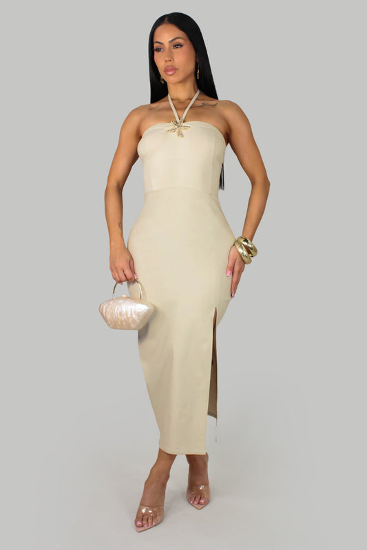 Star Halter Neck Slit Dress- Natural