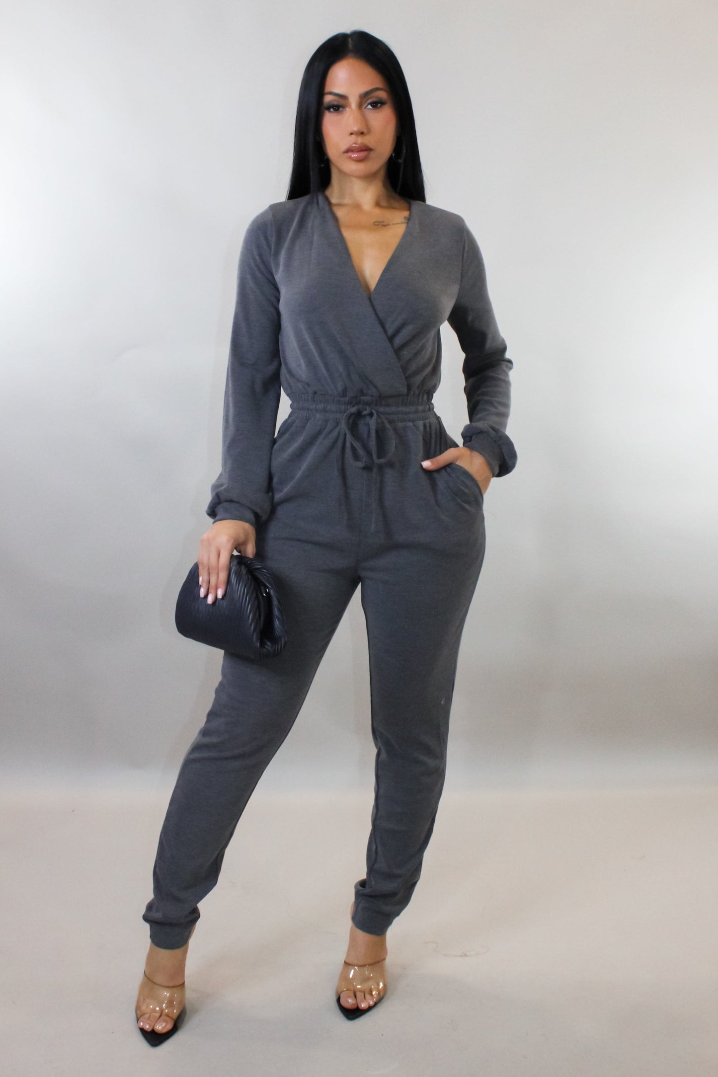 Comfy Grey Tone Drawstring Jumpsuit