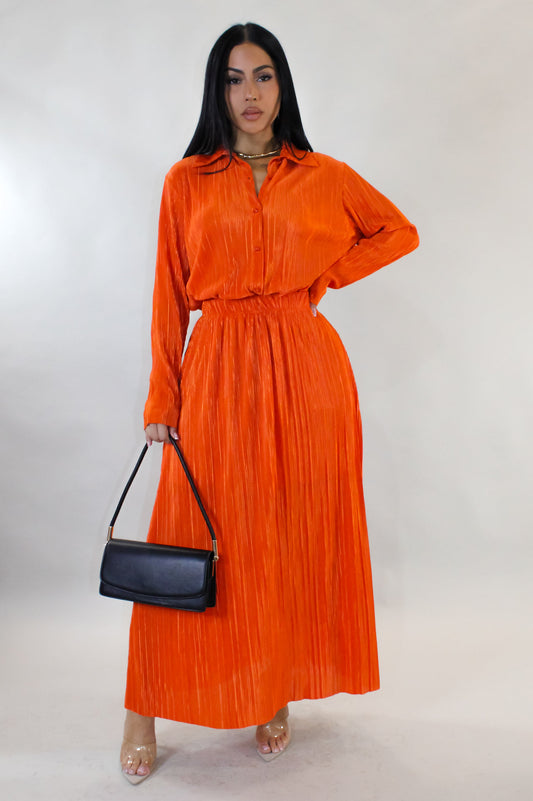 Give You a House Tour Pleated Skirt & Blouse  Set- Orange