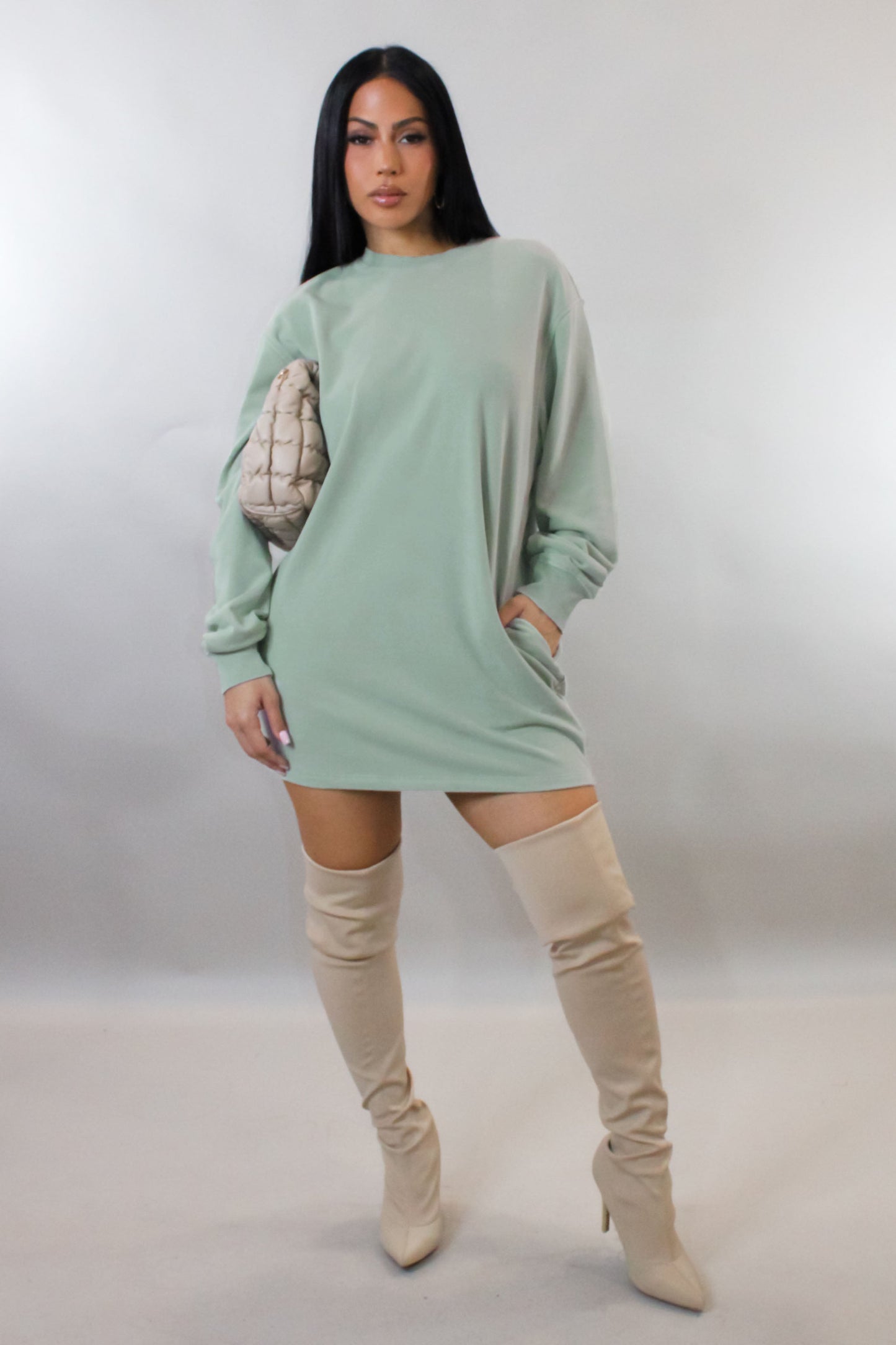 Cozy Nights Mini Dress/Sweater- Sage