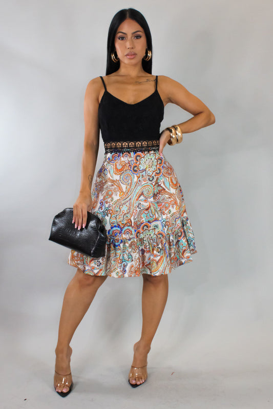 Paisley Bottom Crochet Topped Print Dress- Black