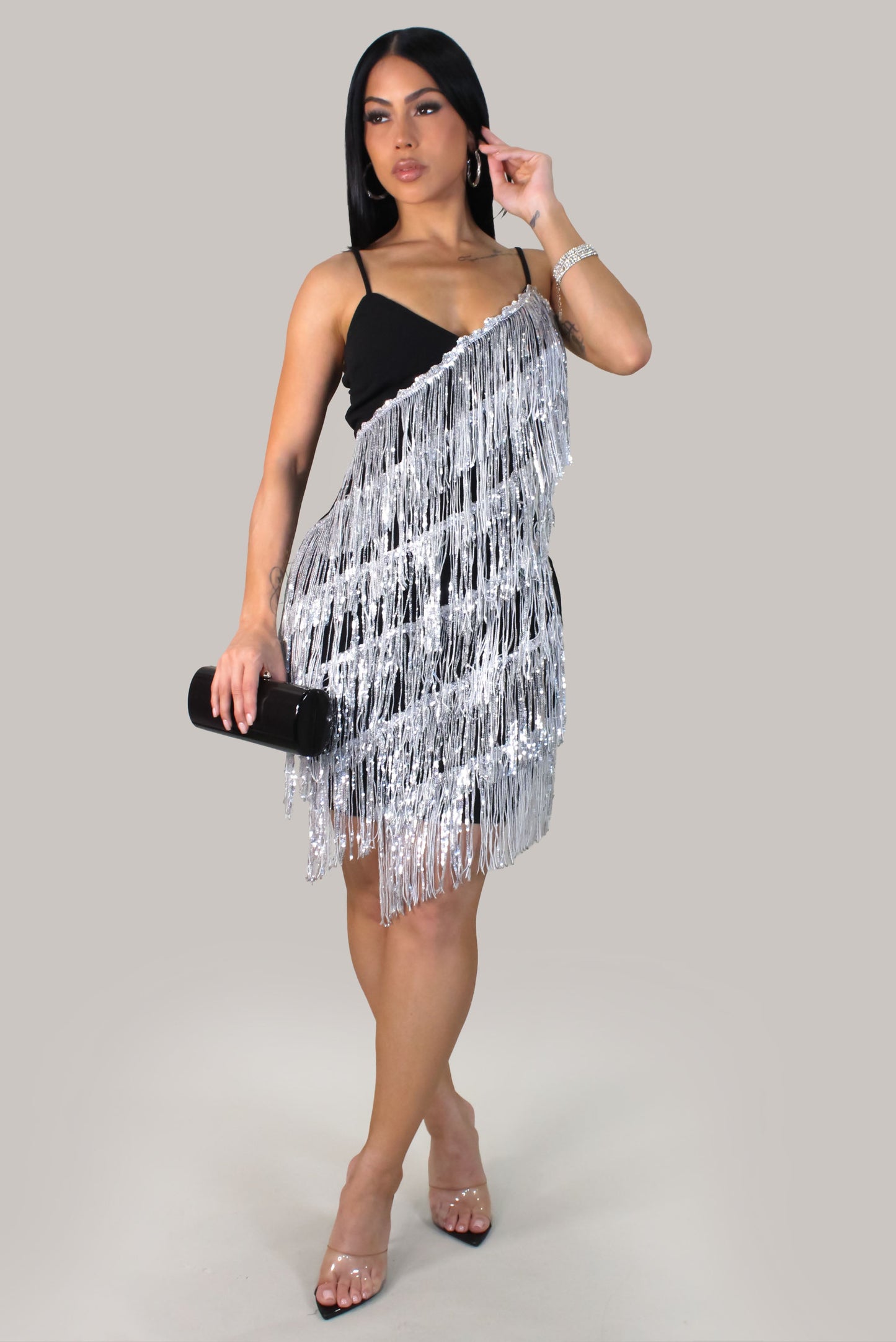 A Little Glitter Tassel Dress- Silver/Black