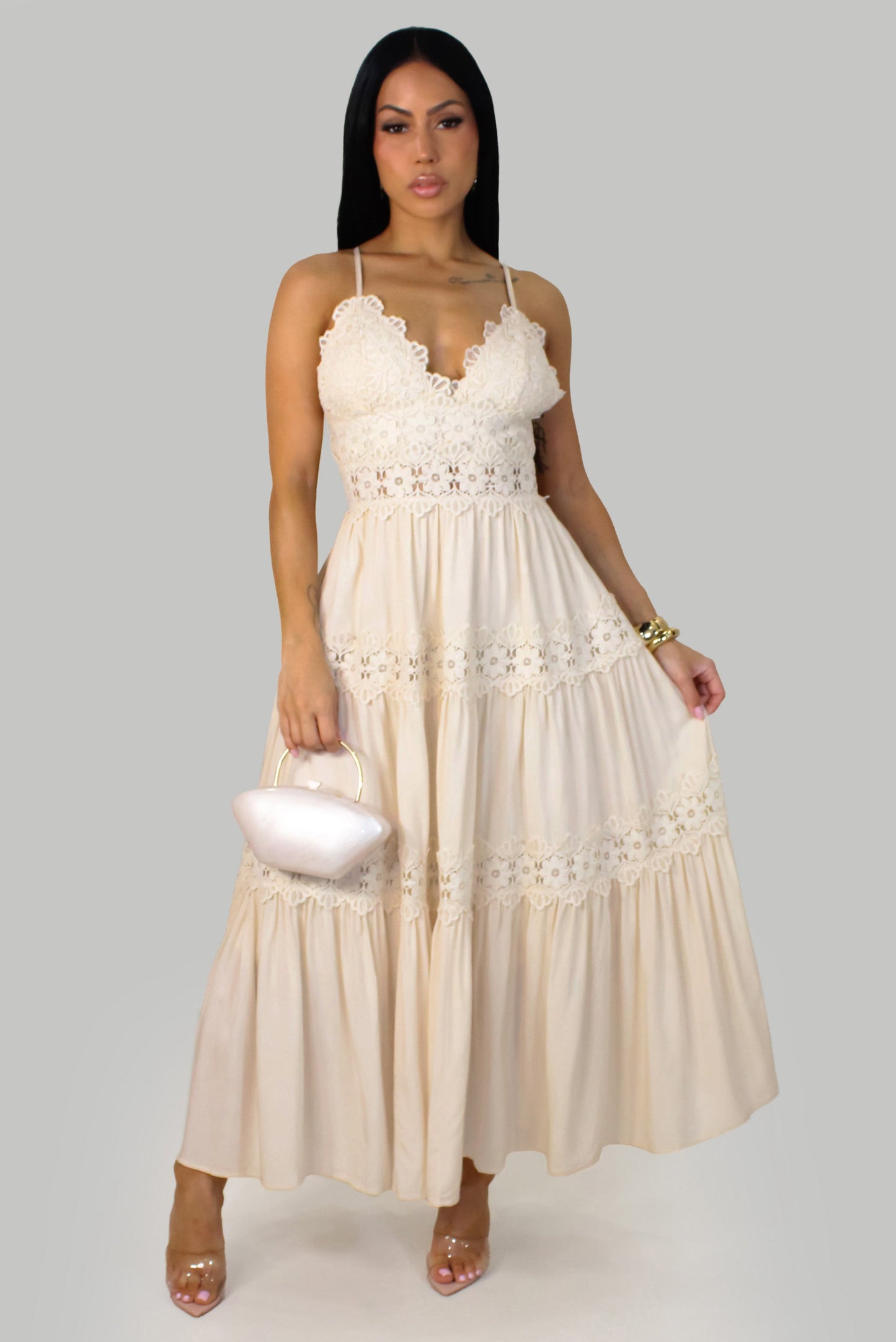 Salted Petal Crochet Maxi Dress- Cream