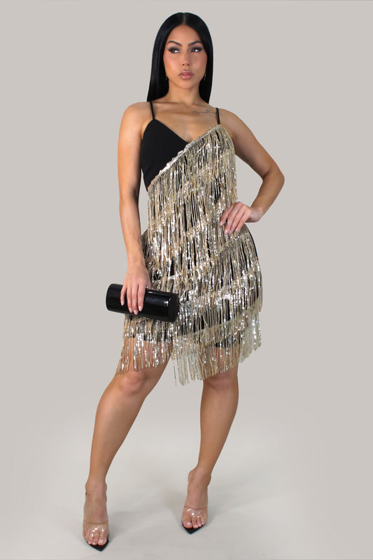 A Little Glitter Tassel Dress- Gold/Black