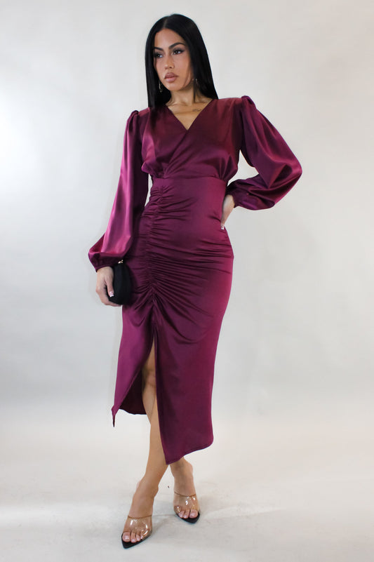 For A Split Second Midi Dress- Burgundy
