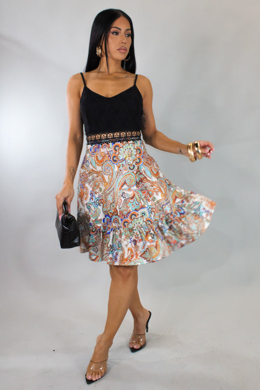 Paisley Bottom Crochet Topped Print Dress- Black