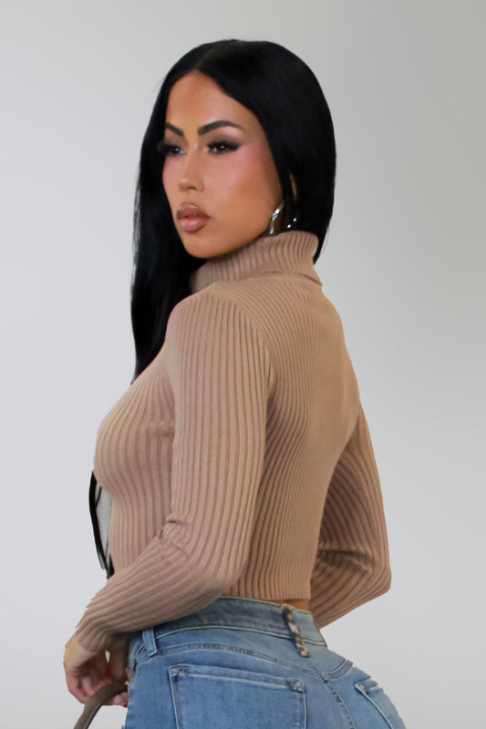 Cropped Turtle Neck Long Sleeve Top- Brown