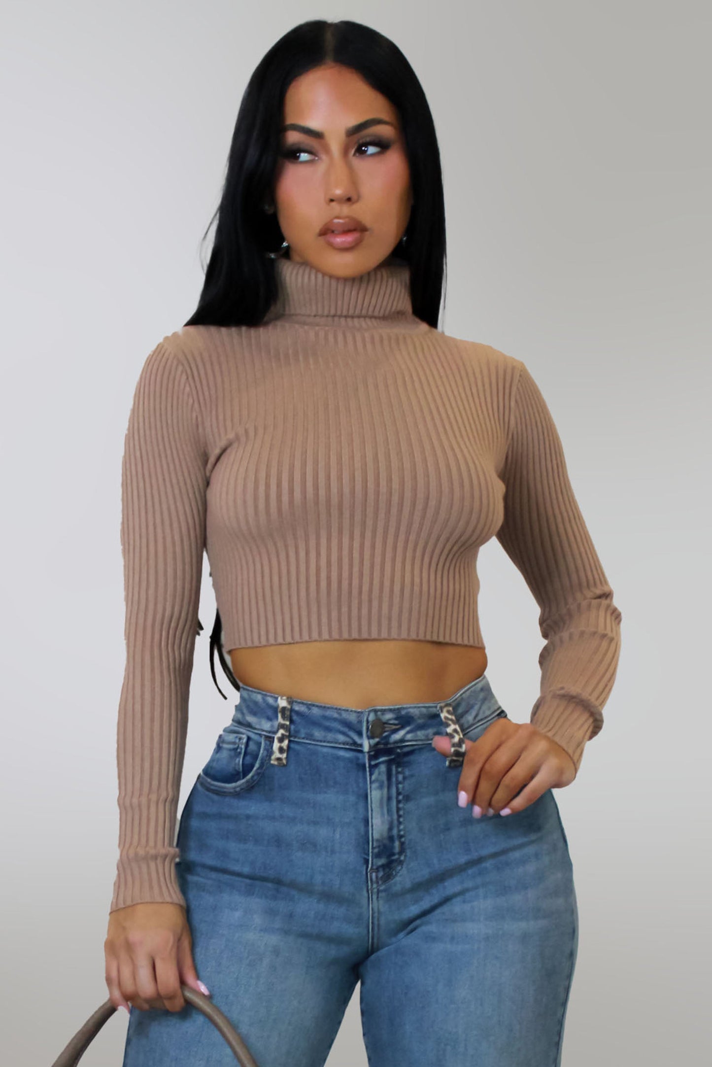 Cropped Turtle Neck Long Sleeve Top- Brown