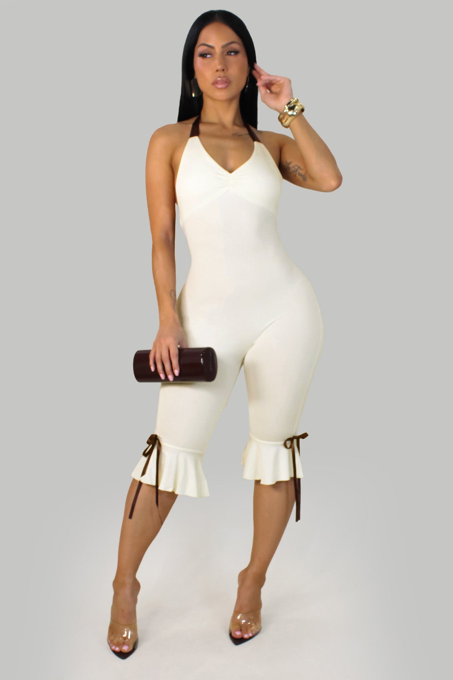 Contrast Cream & Brown Capri Jumpsuit