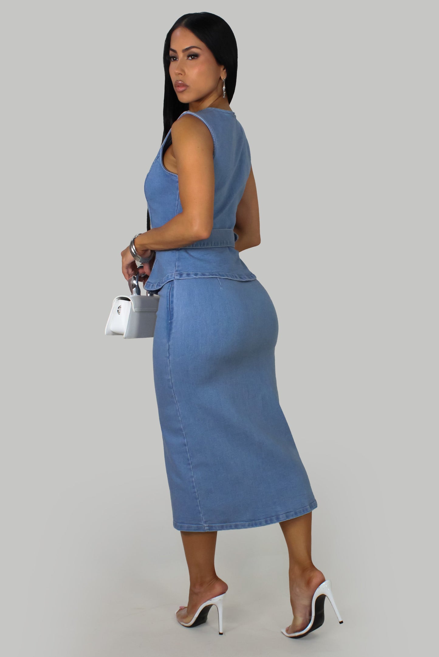 Peplum Belted Denim Dress- Light Wash