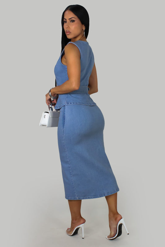 Peplum Belted Denim Dress- Light Wash