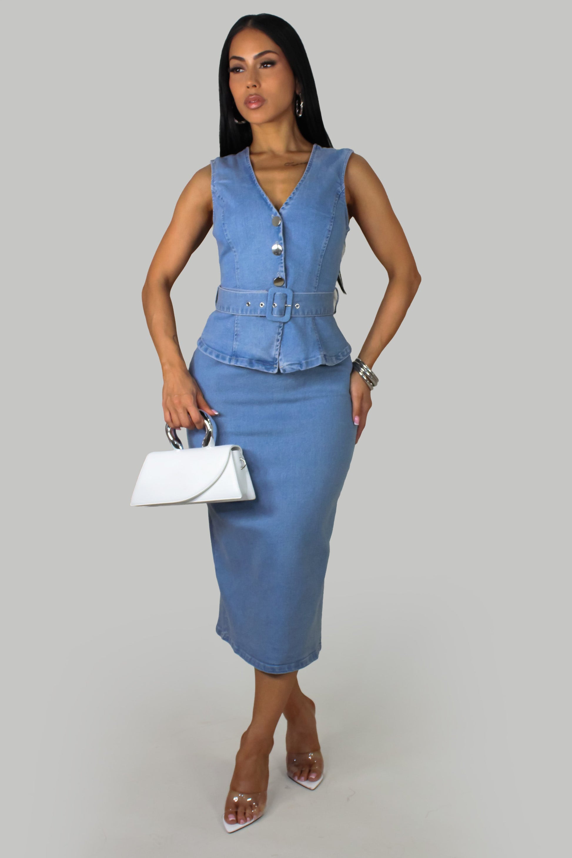 Peplum Belted Denim Dress- Light Wash – S&E Retail Expo
