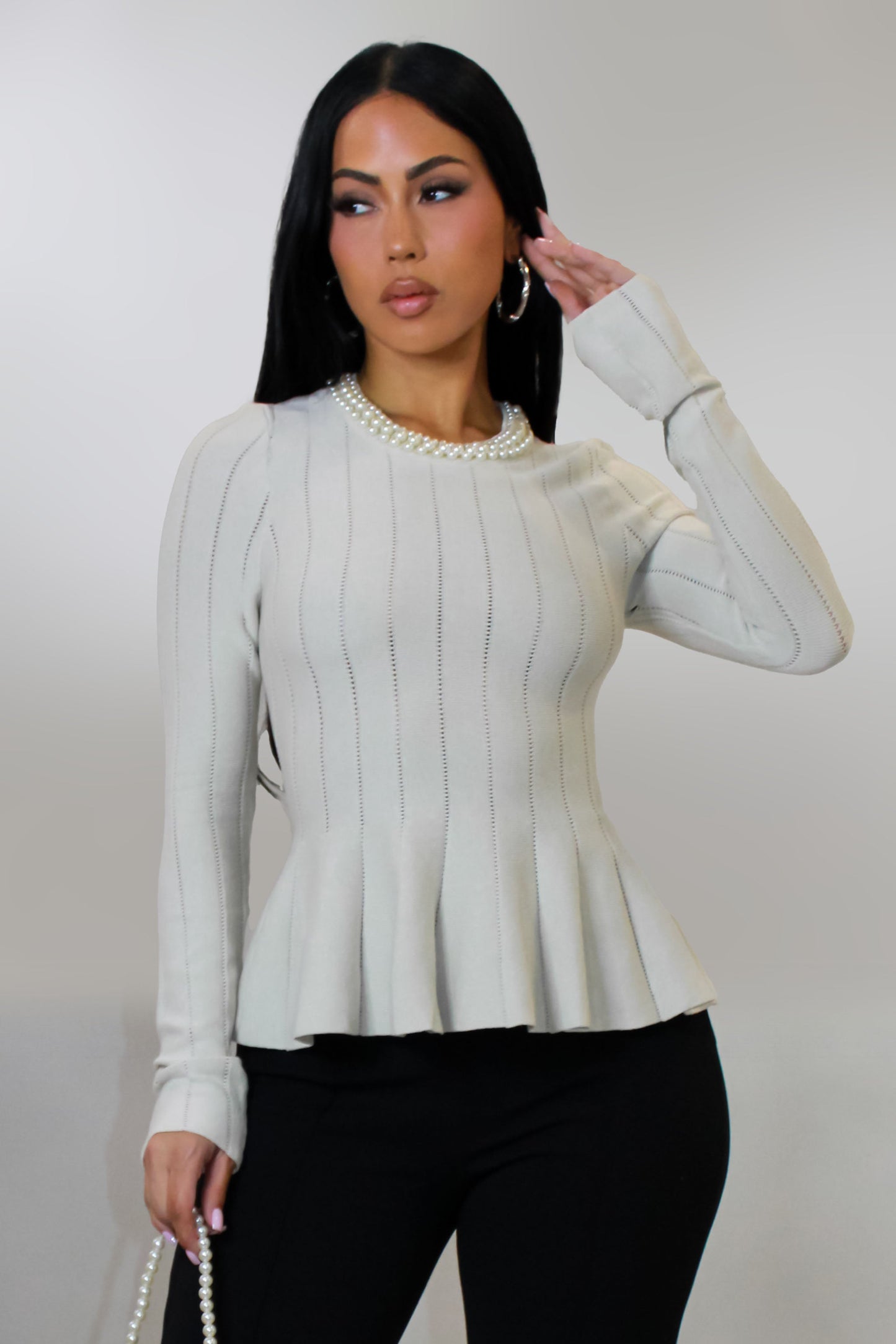 Pearl Topped Long Sleeve Top- White