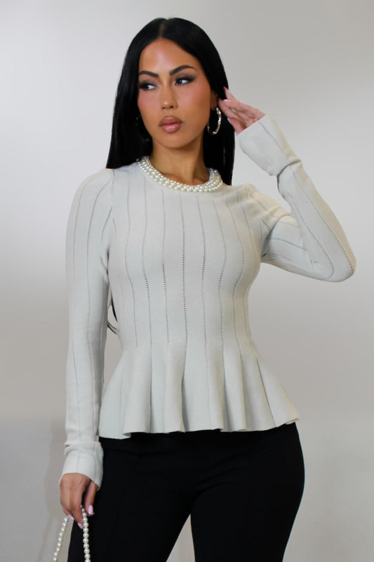 Pearl Topped Long Sleeve Top- White